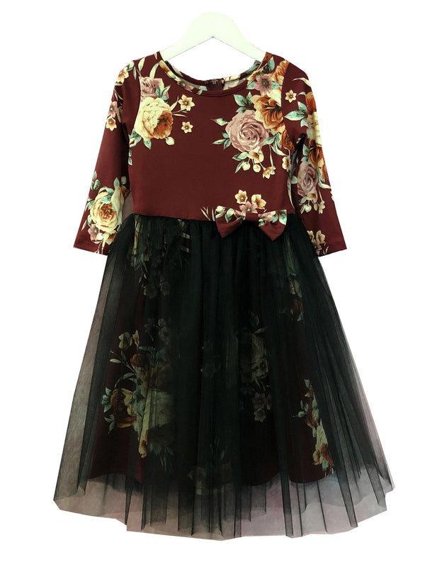 Petite Adele Girls Burgundy Floral Print Bow Overlaid Christmas Dress 2T-8 - SophiasStyle.com